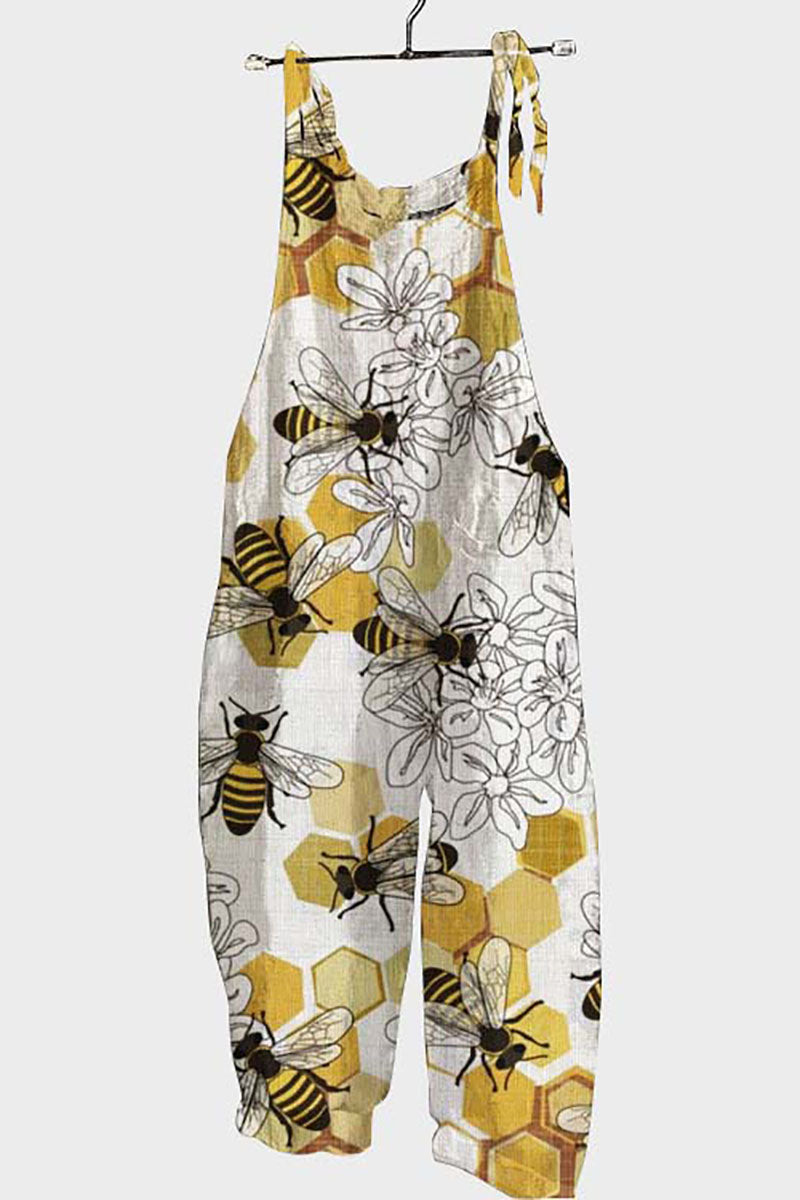 Floral Butterfly Print Casual Linen Tied Strap Overalls