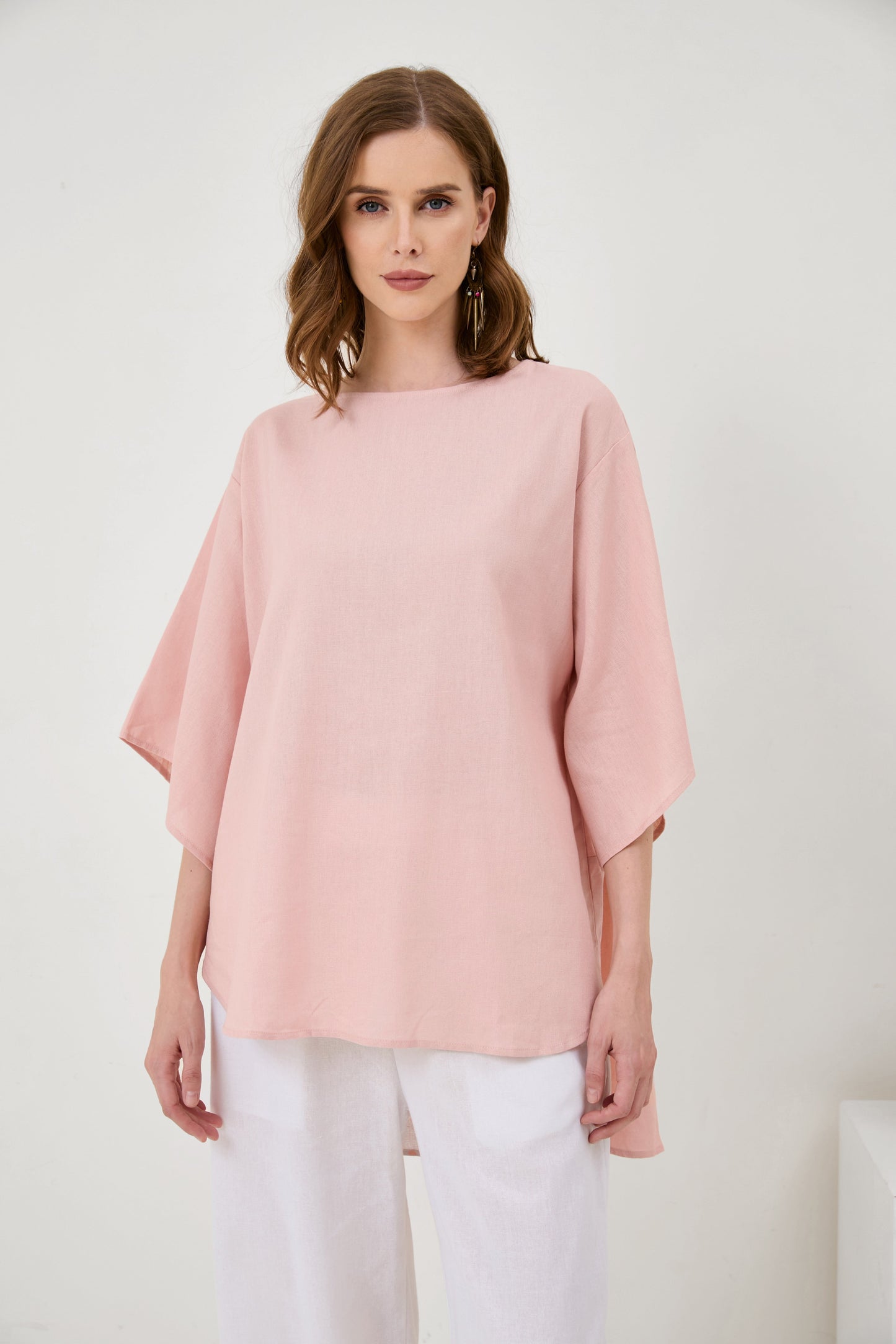 Cotton And Linen Solid Color Retro Round Neck Fashion Loose Top