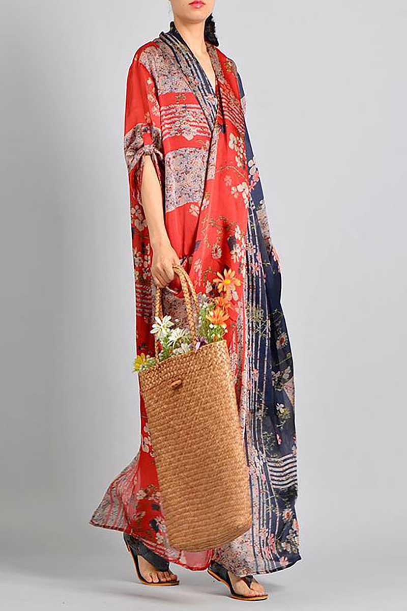Linen Red Roll Up Sleeve V Neck Floral Print Colorblock Slit Maxi Dress