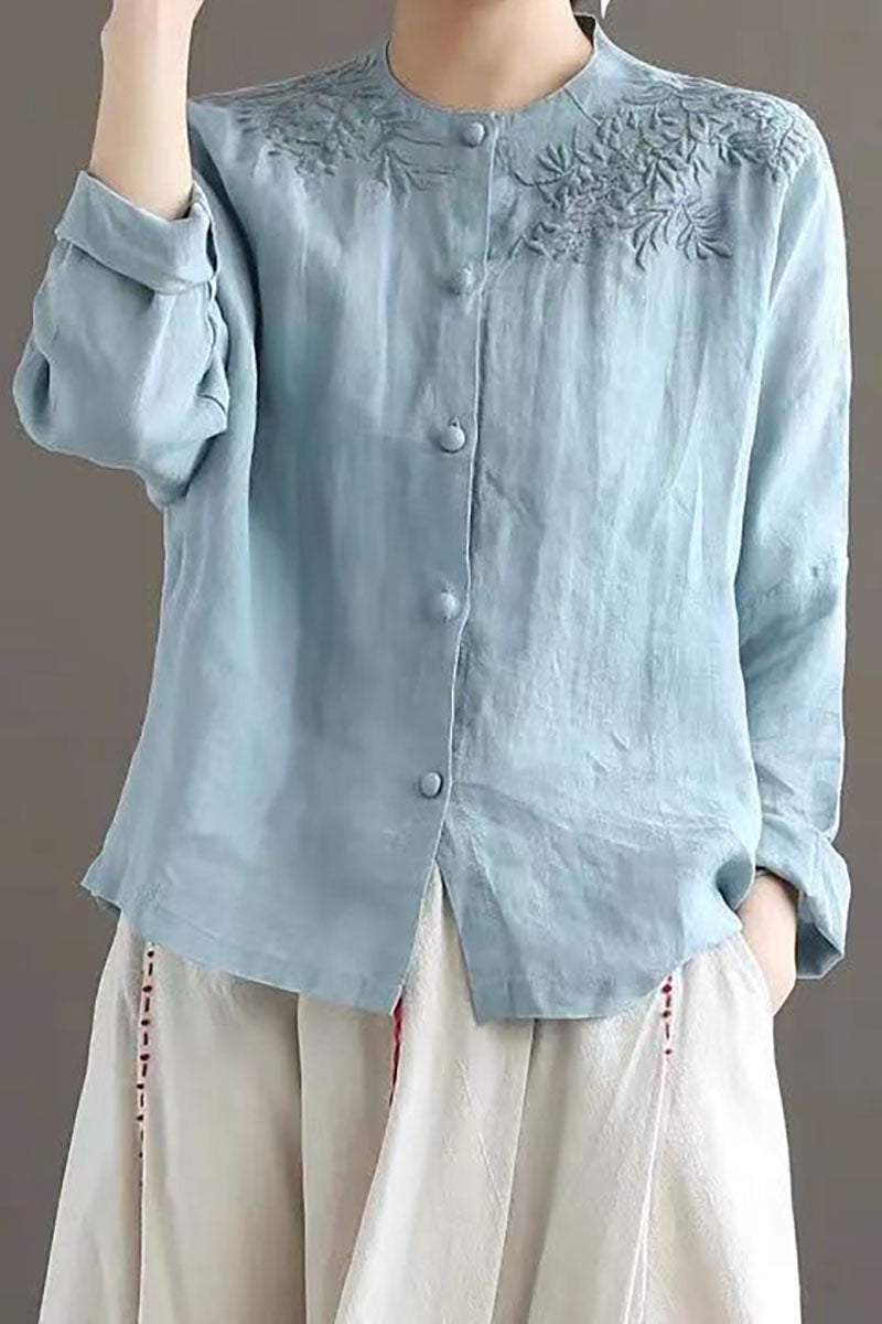 Linen Floral Embroidery Round Neck Long Sleeve Button Up Casual Blouse