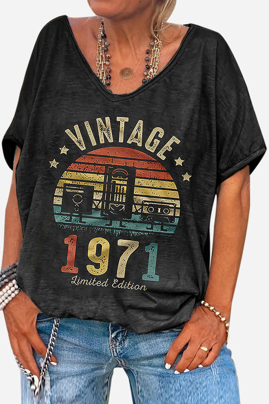 Black Deep V Neck Short Sleeve Tape Letter Print Linen T-shirt