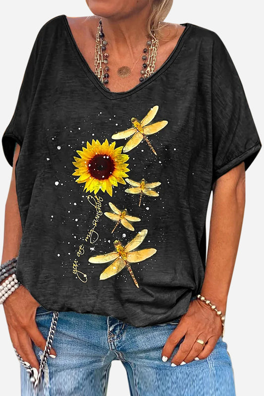 Black Deep V Neck Short Sleeve Sunflower Dragonfly Letter Print Linen T-shirt