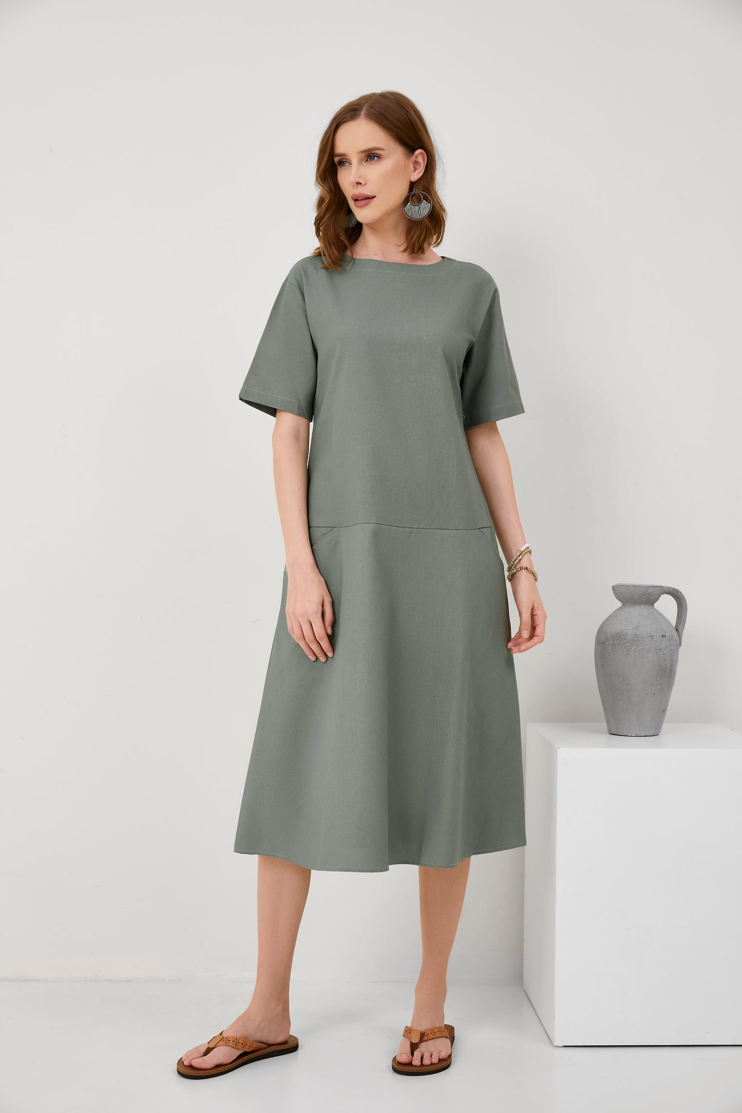 Round Neck A-Line Loose Two Pocket Short Sleeve Mid Sleeve Cotton Linen Dress