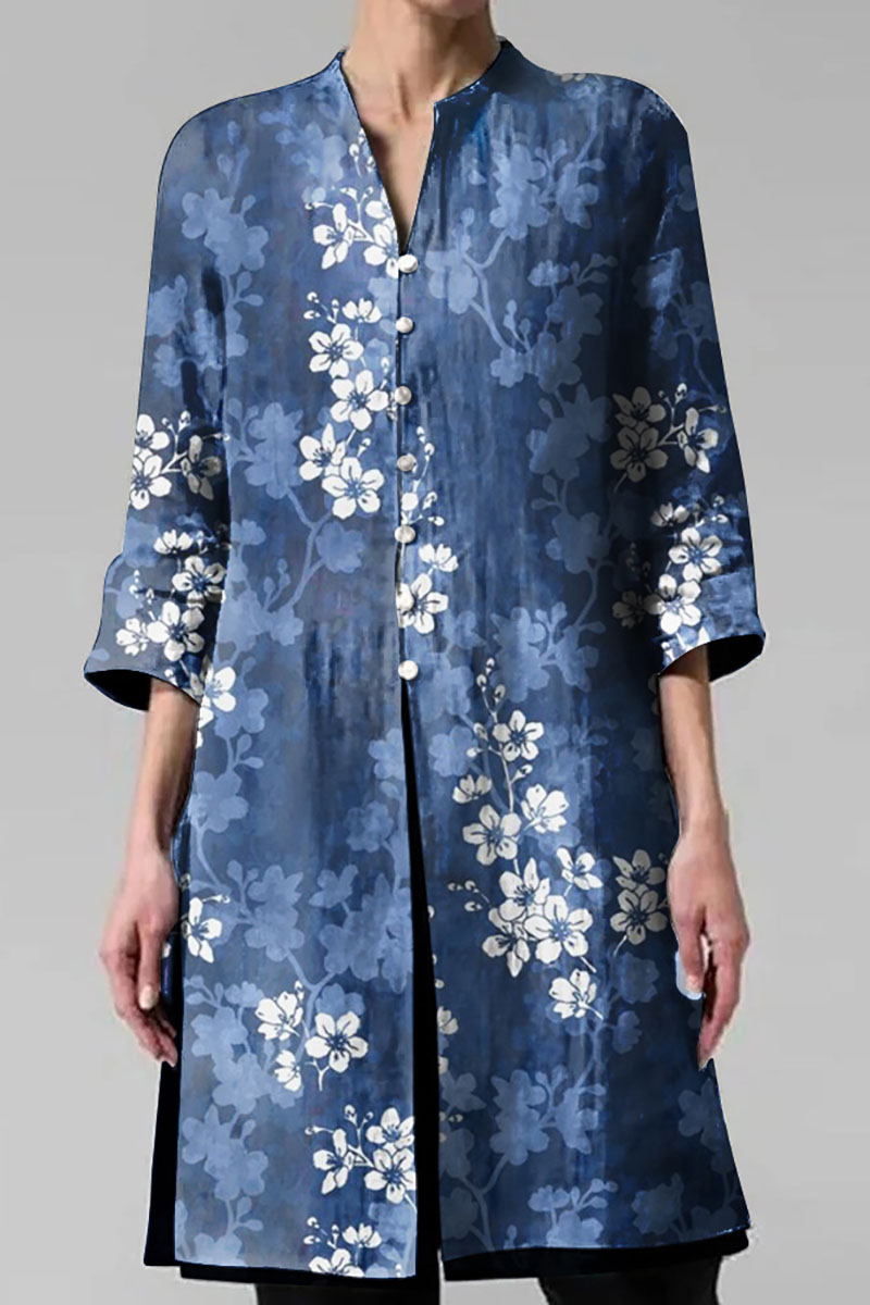 Blue Floral Print Irregular Cotton And Linen Shirt Cardigan Pre Order