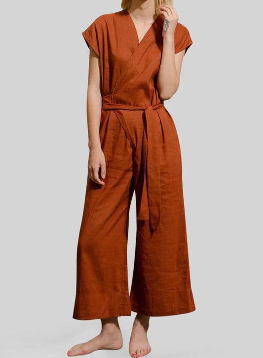 Wrap V Neck Tie Waist Linen Casual Jumpsuit