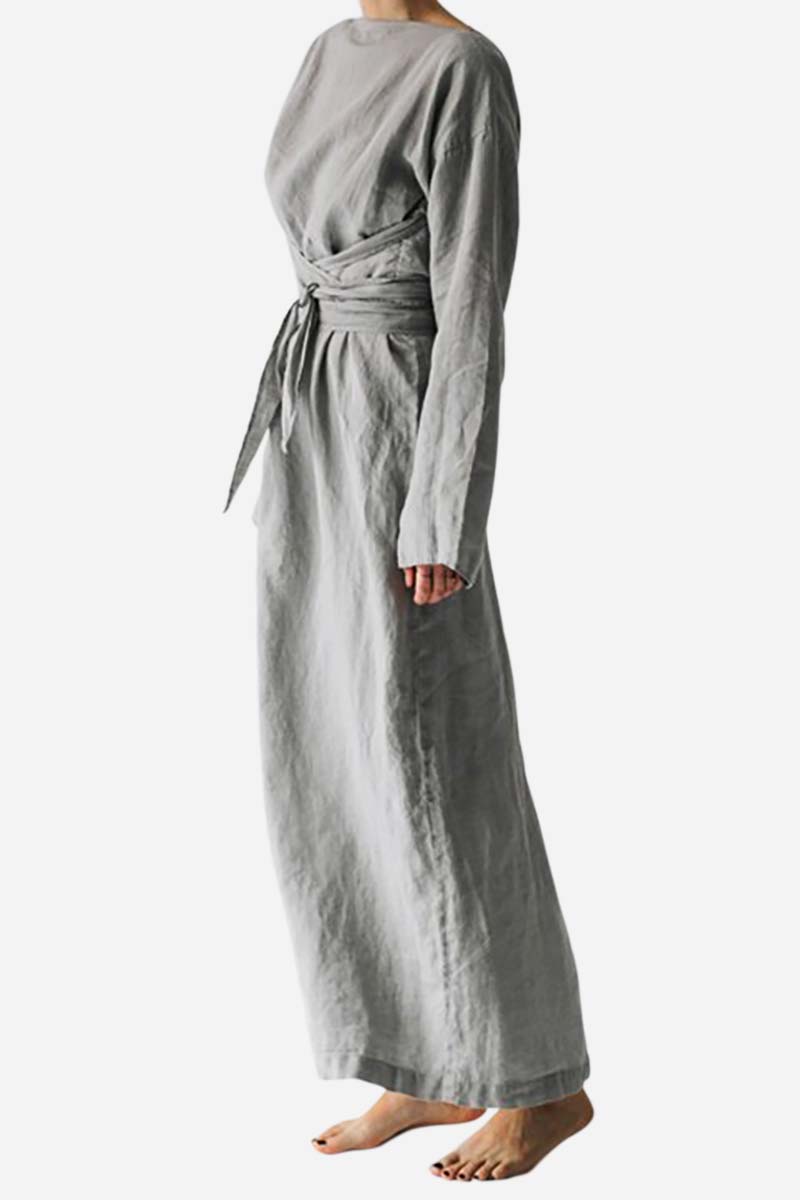 Linen Boat Neck Long Sleeve Tie Up Loose Fit Casual Maxi Dress