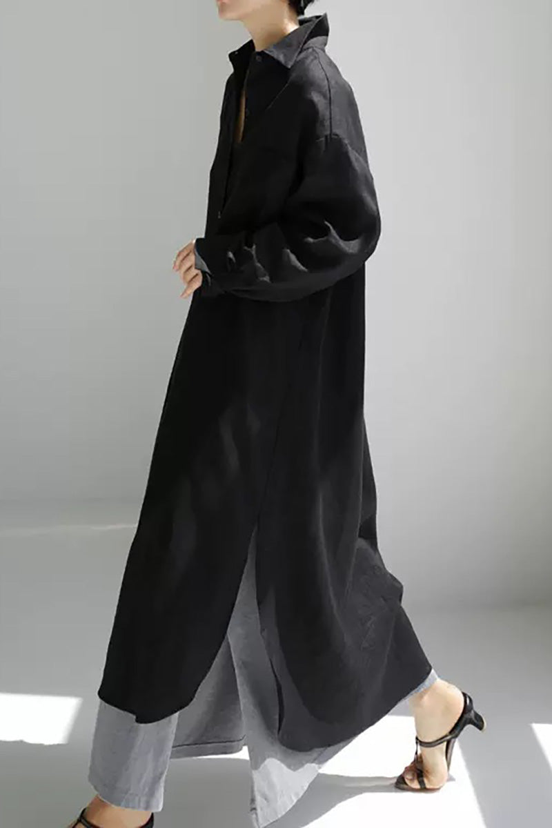 Stand Collar Long Sleeve Botton Slit Hem Pocket Casual Linen Blouse Maxi Dress