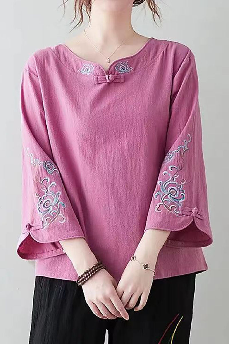 Embroidery Trim Vintage Button Casual Linen Top