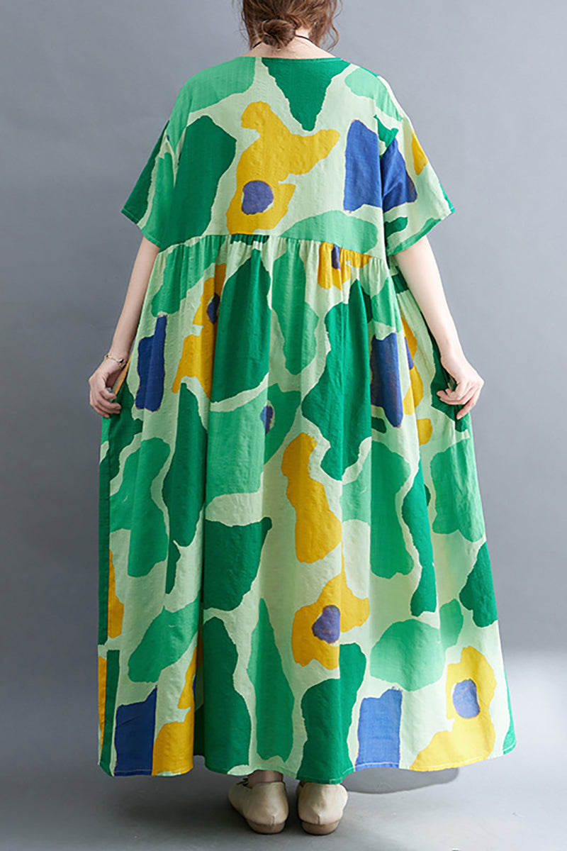 Green Short Sleeve Printed Pleated Linen Maxi Dress