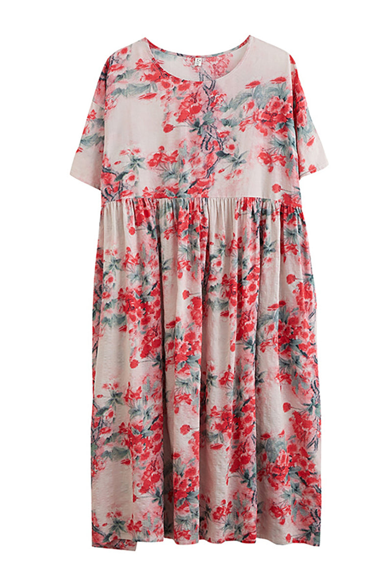 Floral Printed Short Sleeve Round Neck Red Linen Maxi Dress