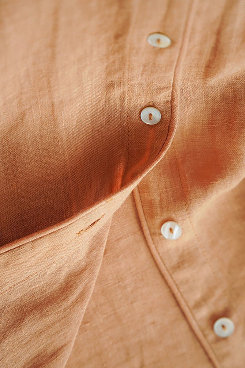Turndown Collar Half Sleeve Button Orange Linen Top
