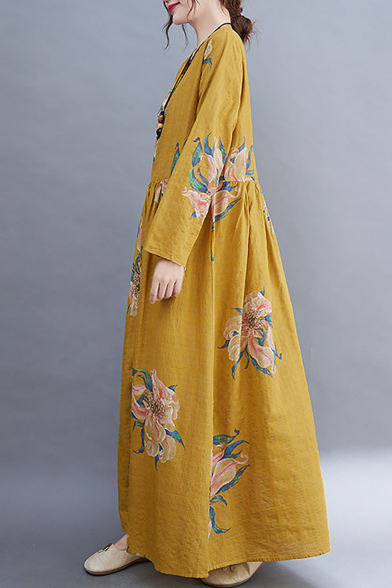 Printed Long Sleeve Round Neck Linen Maxi Dress