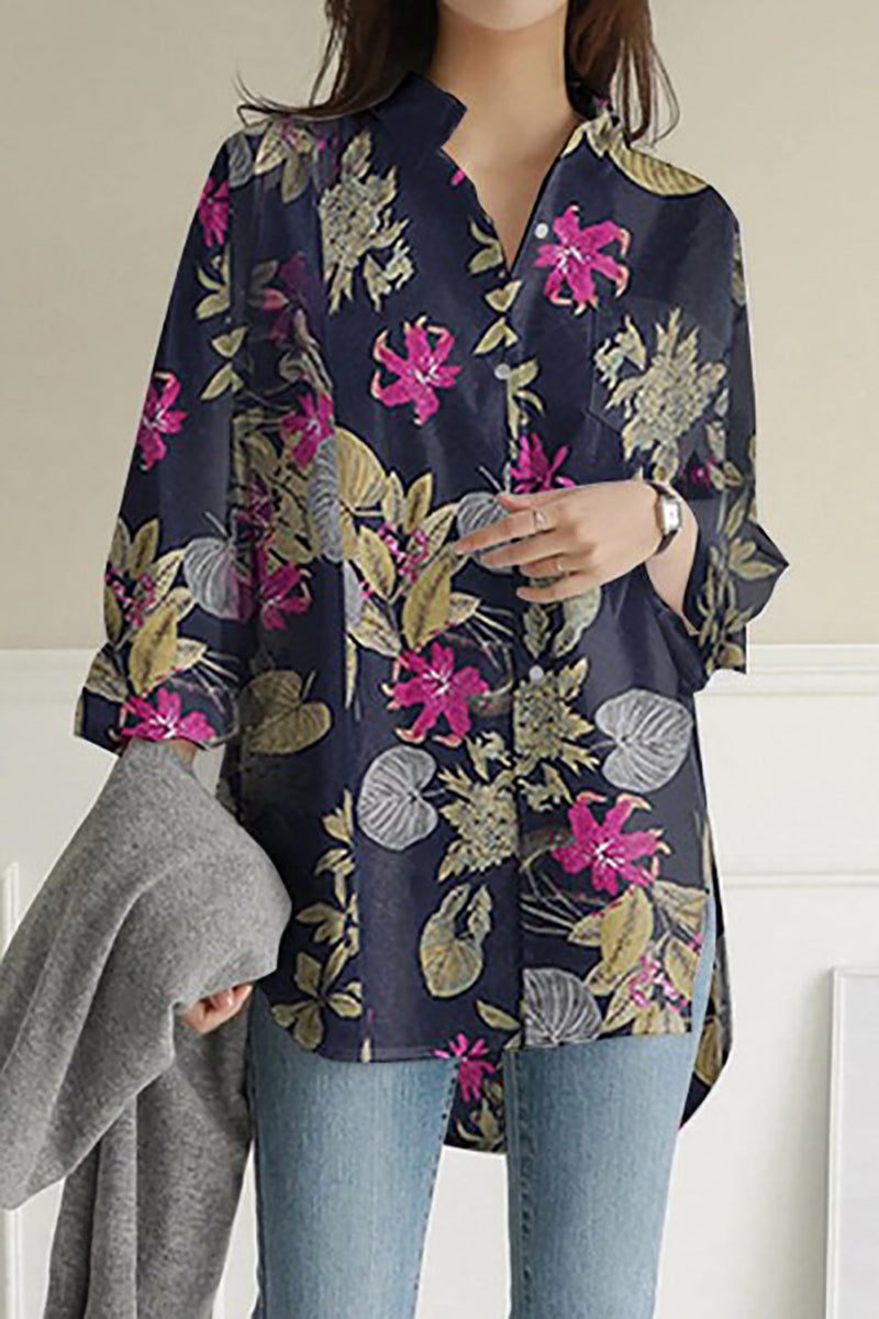 Long Sleeve V Neck Floral Print Linen Casual Blouse