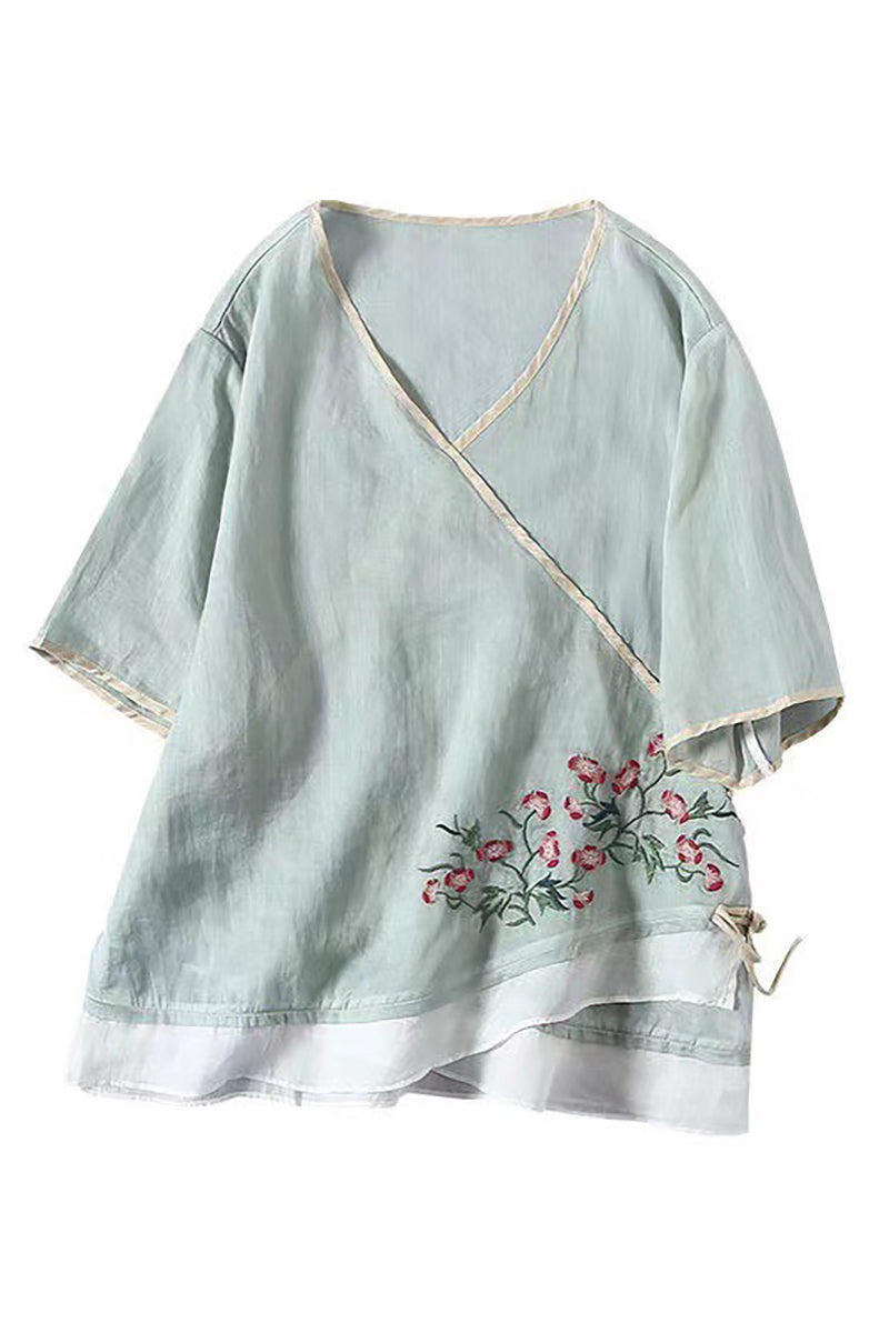 Deep V Neck Half Sleeve Floral Embroidery Linen Top