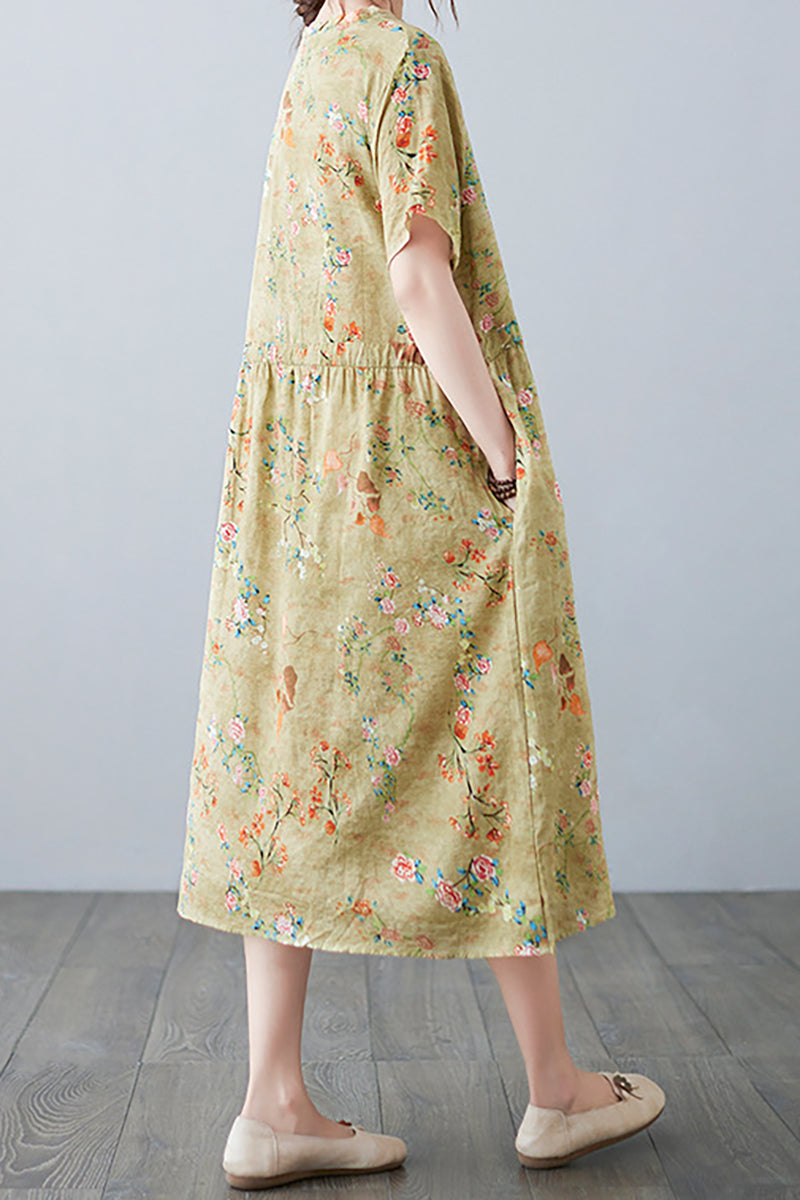 Linen Floral Print V Neck Short Sleeve Ruched Tie Wide Hem Casual Midi Dress