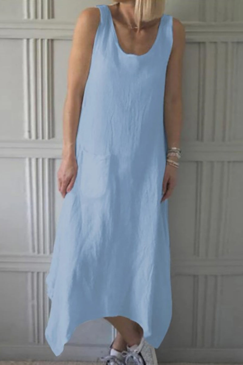 Round Neck Sleeveless Pocket Irregular Hem Linen Midi Dress