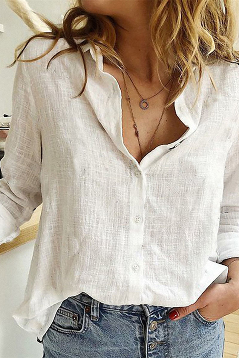 Button Down Solid Color Long Sleeve Linen Shirt