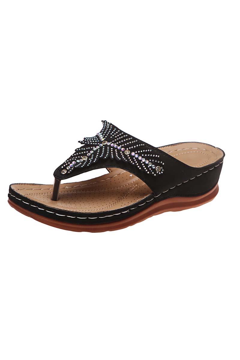 Rhinestone Flip Flops PU Leather High Heel Sandals