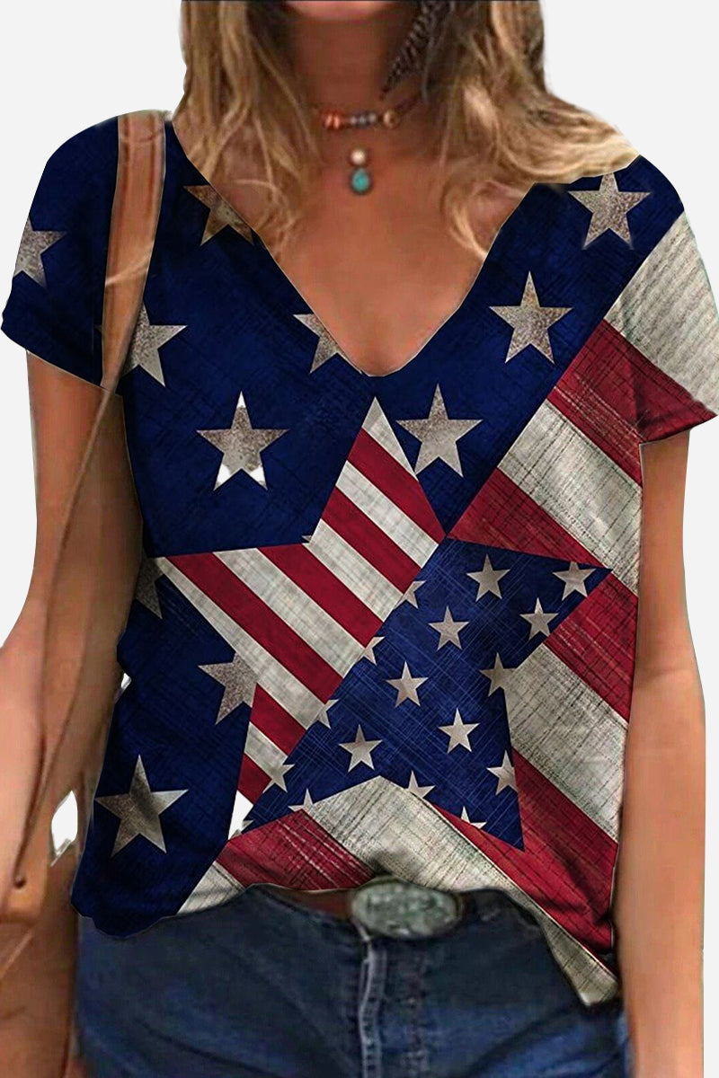 V Neck Short Sleeve USA Flag Independence Day Print Cotton T-shirt