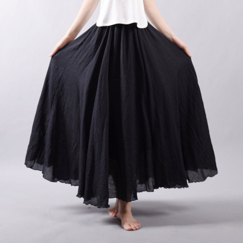 Linen Loose Fit Wide A-Line Pleated Hem Casual Maxi Skirt