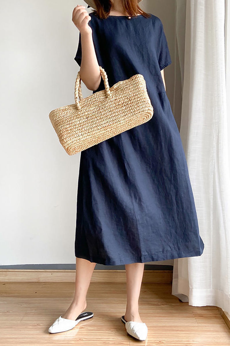 Linen Round Neck Short Sleeve Loose Fit Casual Midi Dress