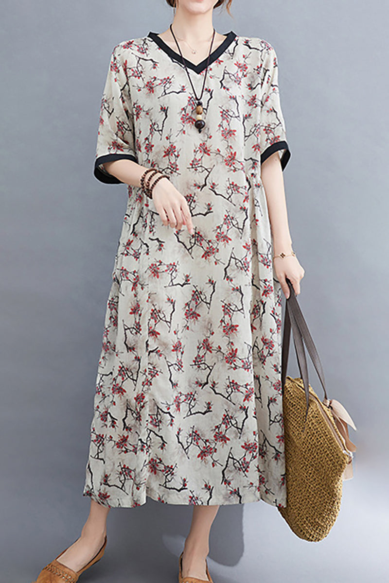 Half Sleeve V Neck Floral Print Linen Midi Dress