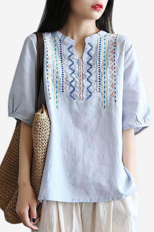 Boho Embroidery Irregular Neck Short Sleeve Casual Linen Blouse