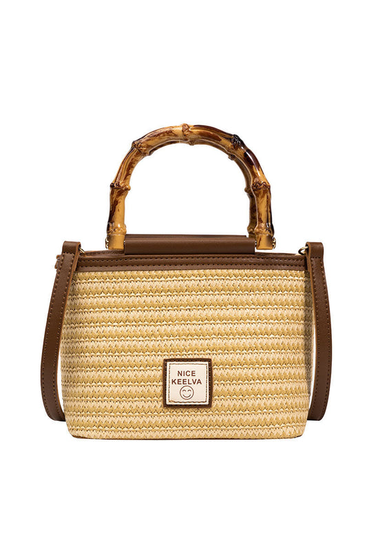 Bamboo Handle Straw Handbag Crossbody Bag