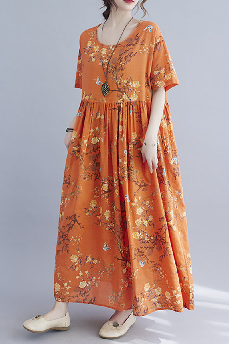 Orange Short Sleeved Round Neck Floral Print Linen Maxi Dress