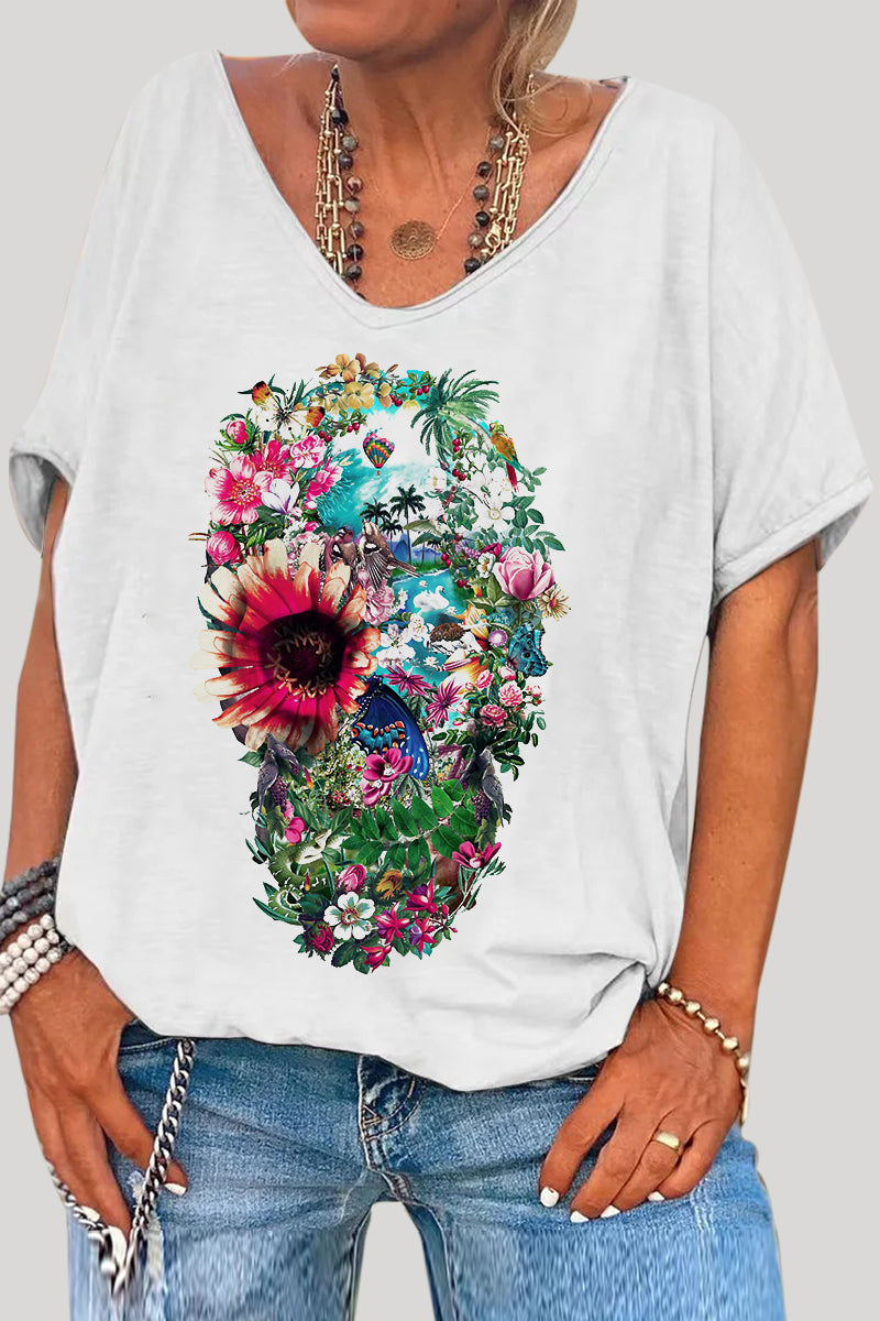 Floral Print White Short Sleeve Casual T-Shirt