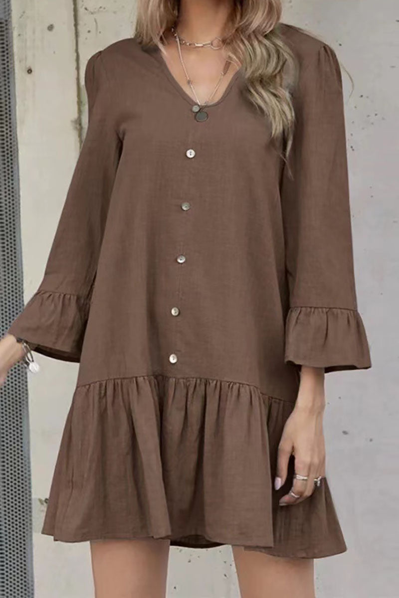 Linen V Neck Flare Sleeve Button Up Pleated A-Line Wide Hem Casual Mini Dress