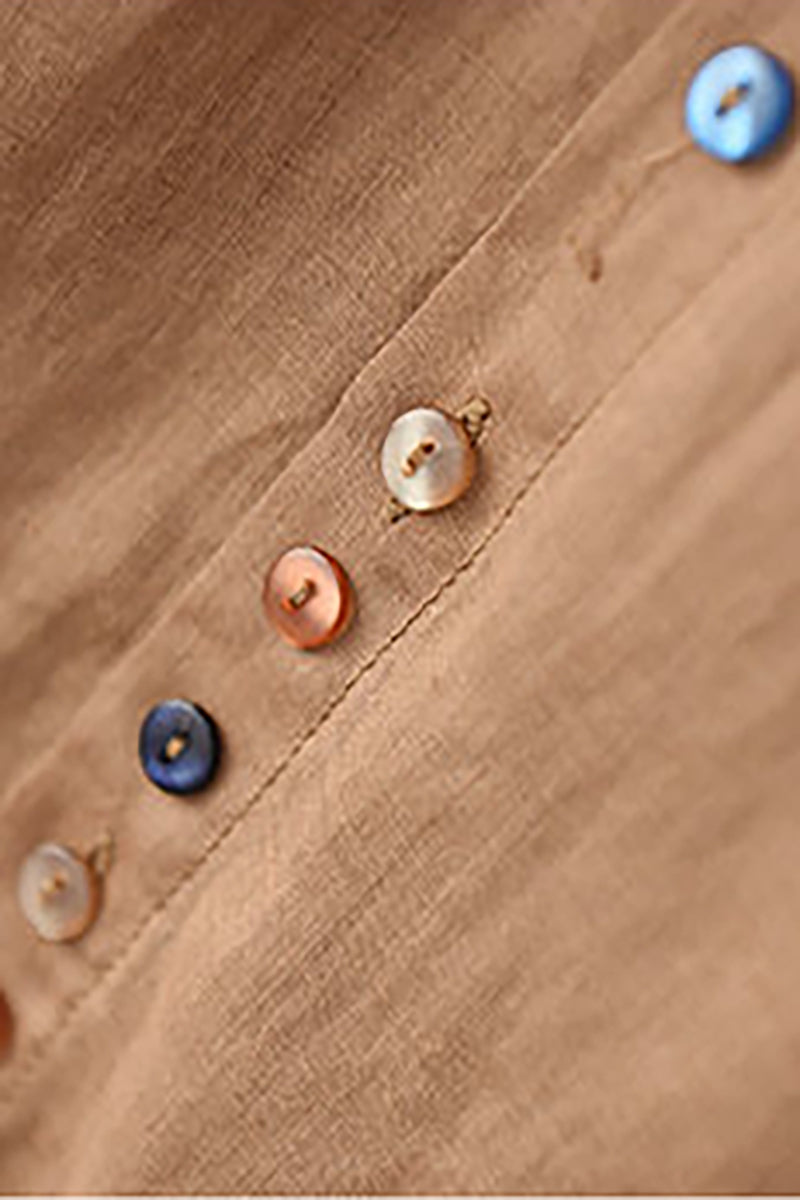 Turndown Collar Three Quarter Sleeve Button Linen Top