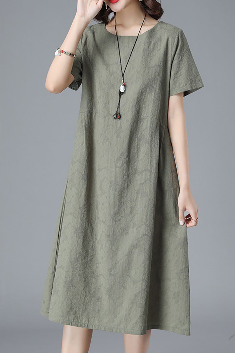 Round Neck Short Sleeve Pocket Linen Midi Dress