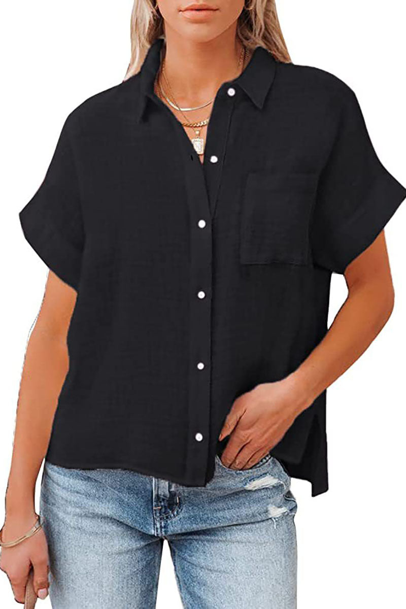 Linen Short Sleeve Side Slit Button Down Shirt