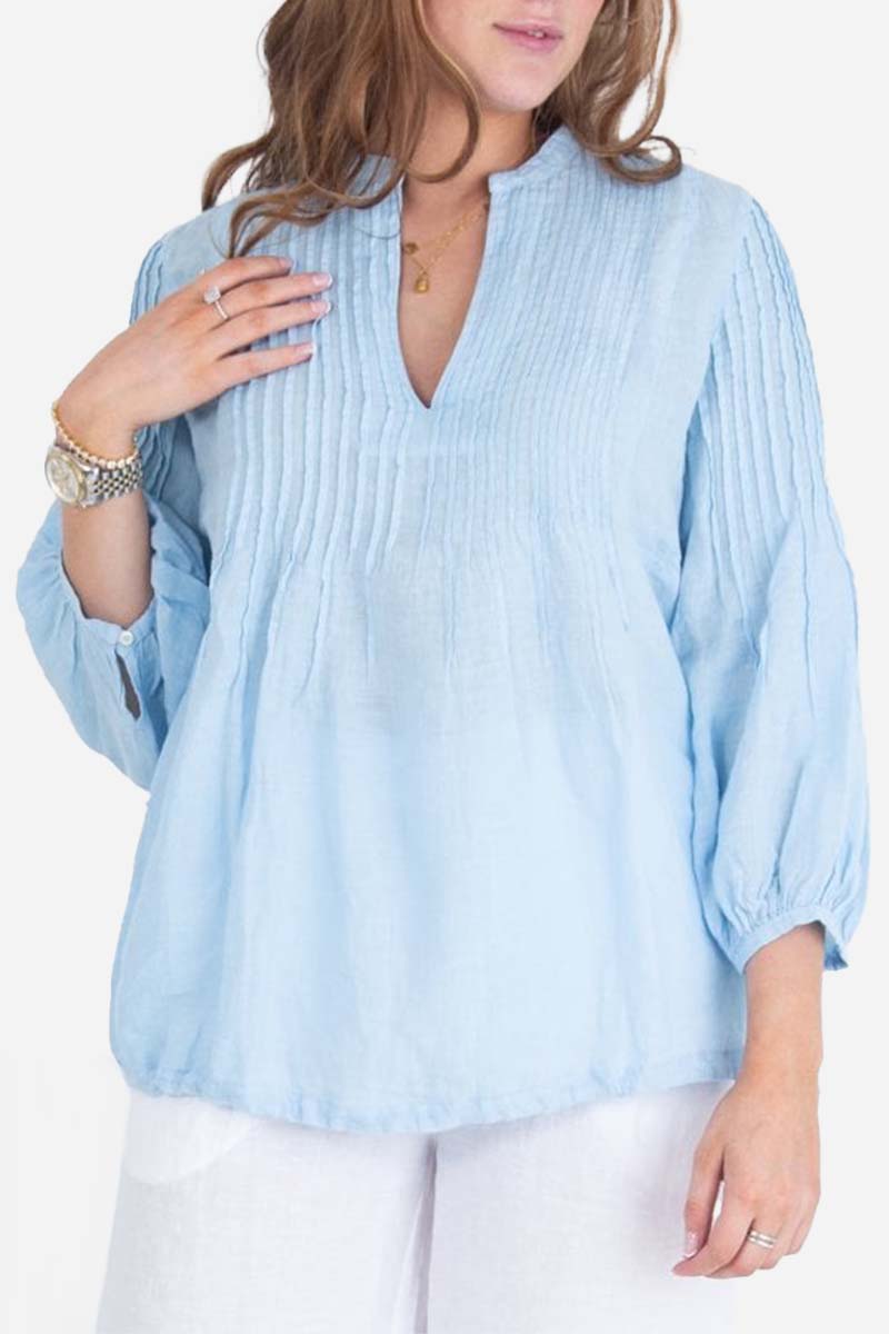 Cropped Neck Long Puff Sleeve Pleated Linen Top