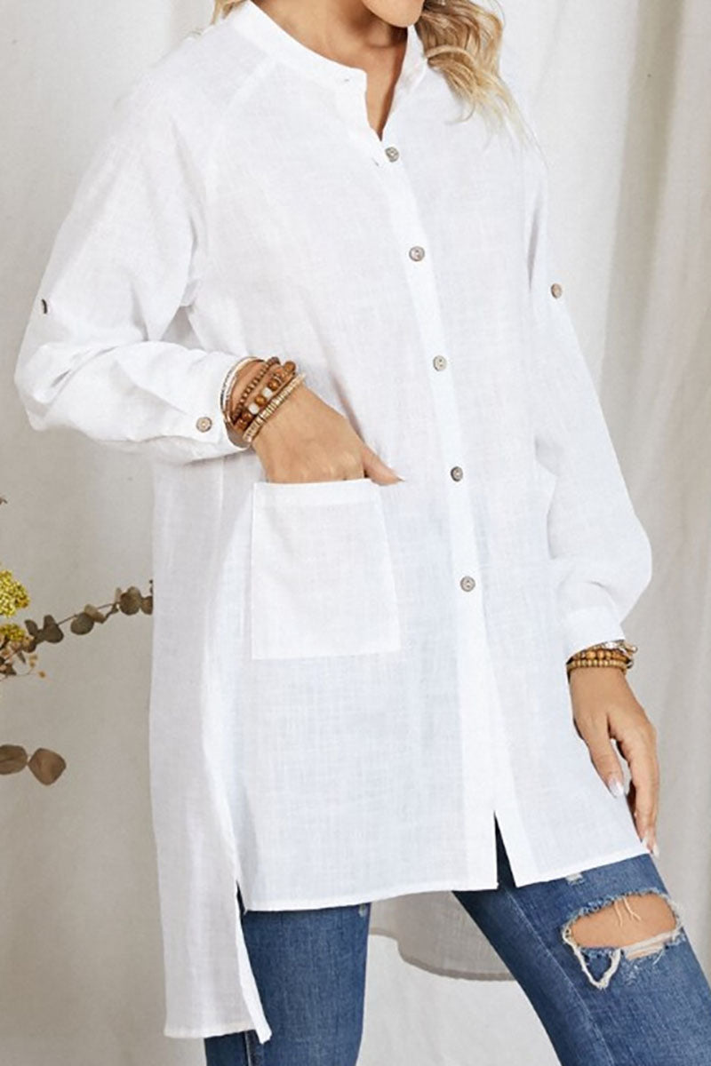 Asymmetric Linen Button Down Long Sleeve Shirt