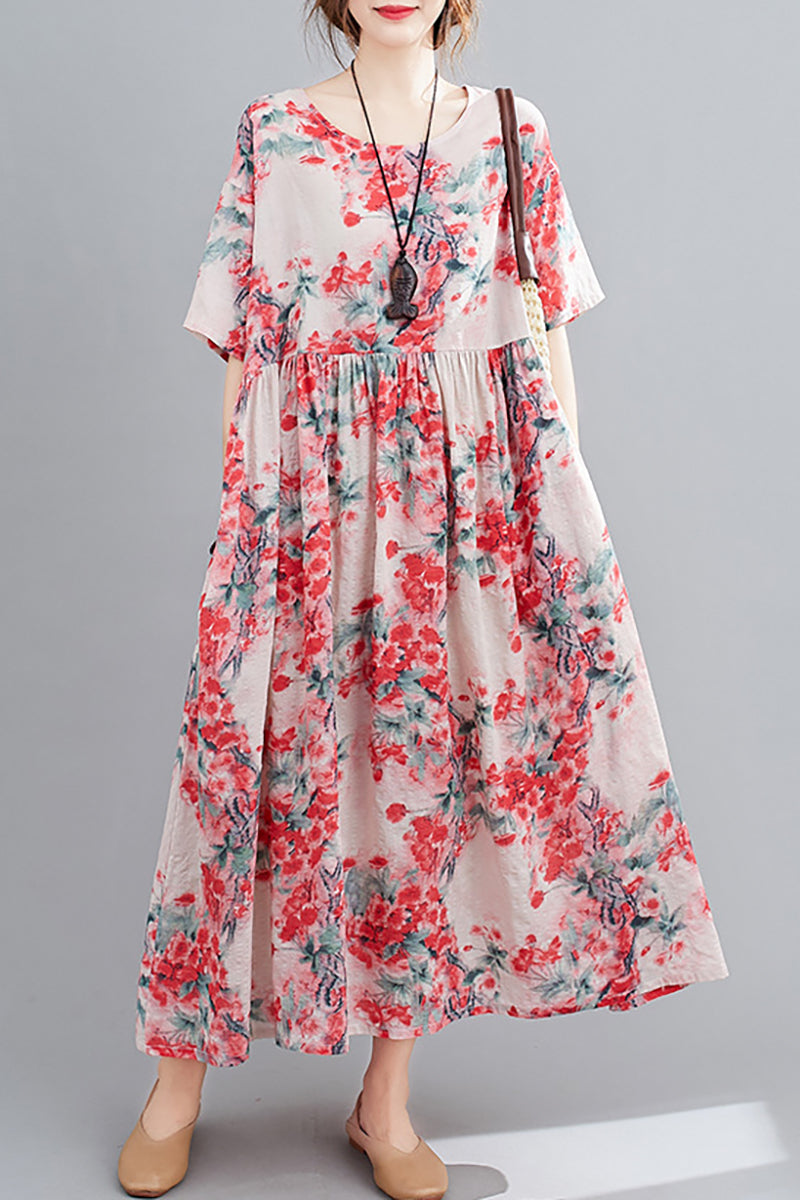 Floral Printed Short Sleeve Round Neck Red Linen Maxi Dress