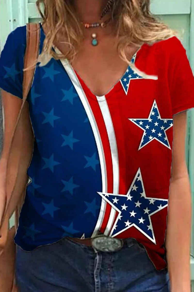 V Neck Short Sleeve USA Flag Independence Day Print Cotton T-shirt