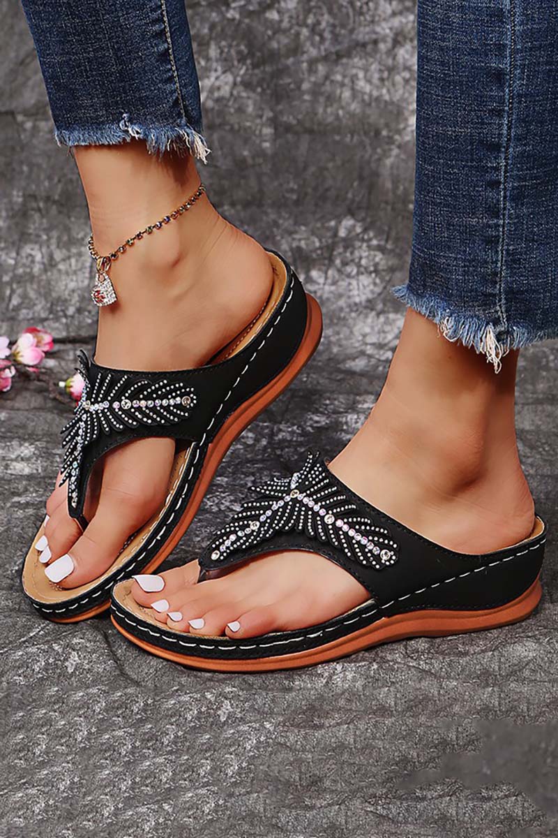 Rhinestone Flip Flops PU Leather High Heel Sandals