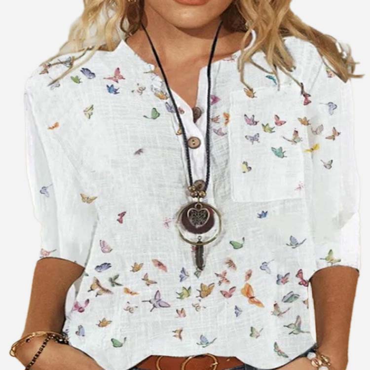 Floral Print V Neck Button Up Three Quarter Sleeve Casual Blouse