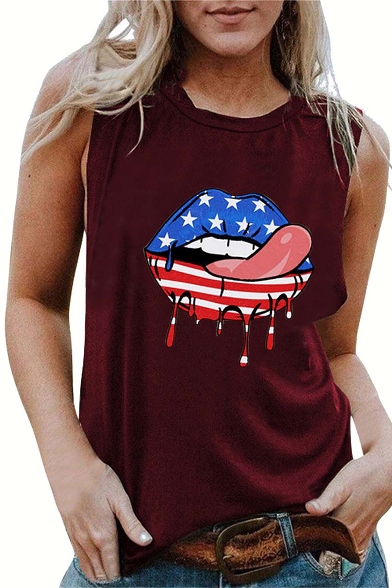 USA Flag Tongue Print Independent Day Round Neck Cotton T-shirt