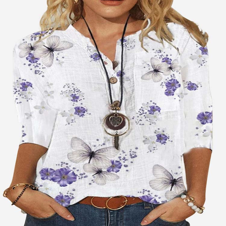 Floral Print V Neck Button Up Three Quarter Sleeve Casual Blouse