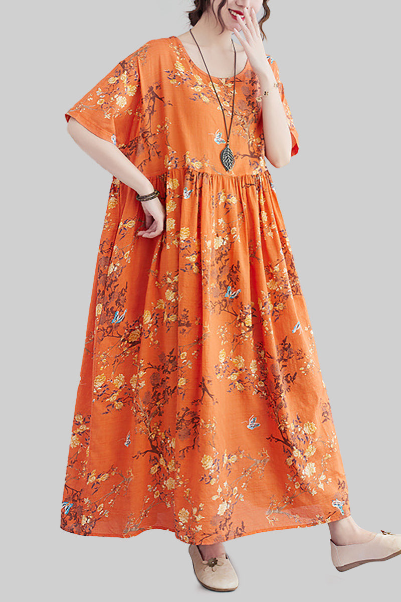 Orange Short Sleeved Round Neck Floral Print Linen Maxi Dress