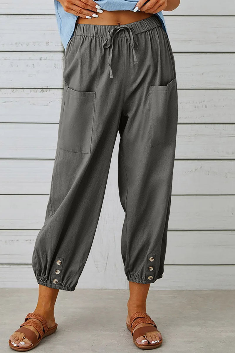 Casual Drawstring Pocket Button Wide Leg Linen Trousers