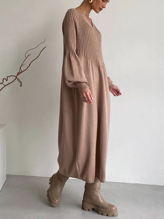 Womens V Neck Loose Puff Long Sleeve Long Knit Dress