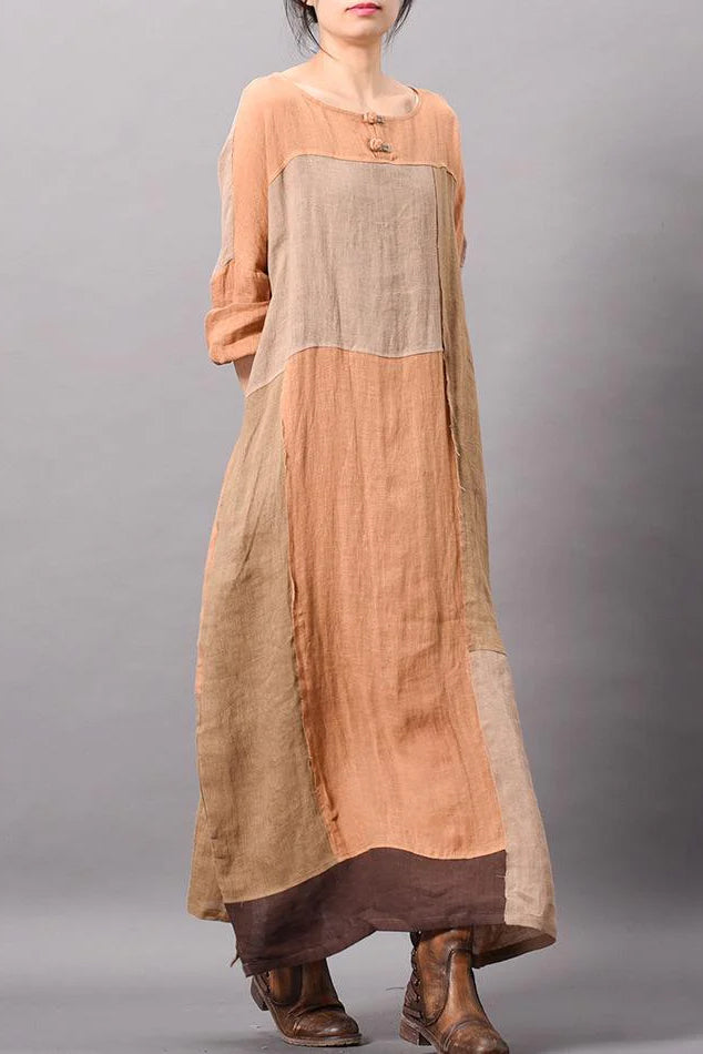 Linen Orange Long Sleeve Round Neck Patchwork Maxi Dress