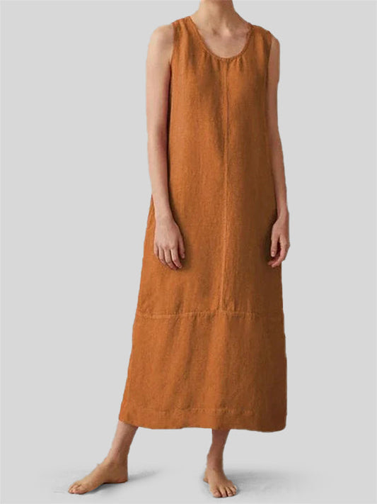 Womens Sleeveless Round Neck Long Cotton Dress