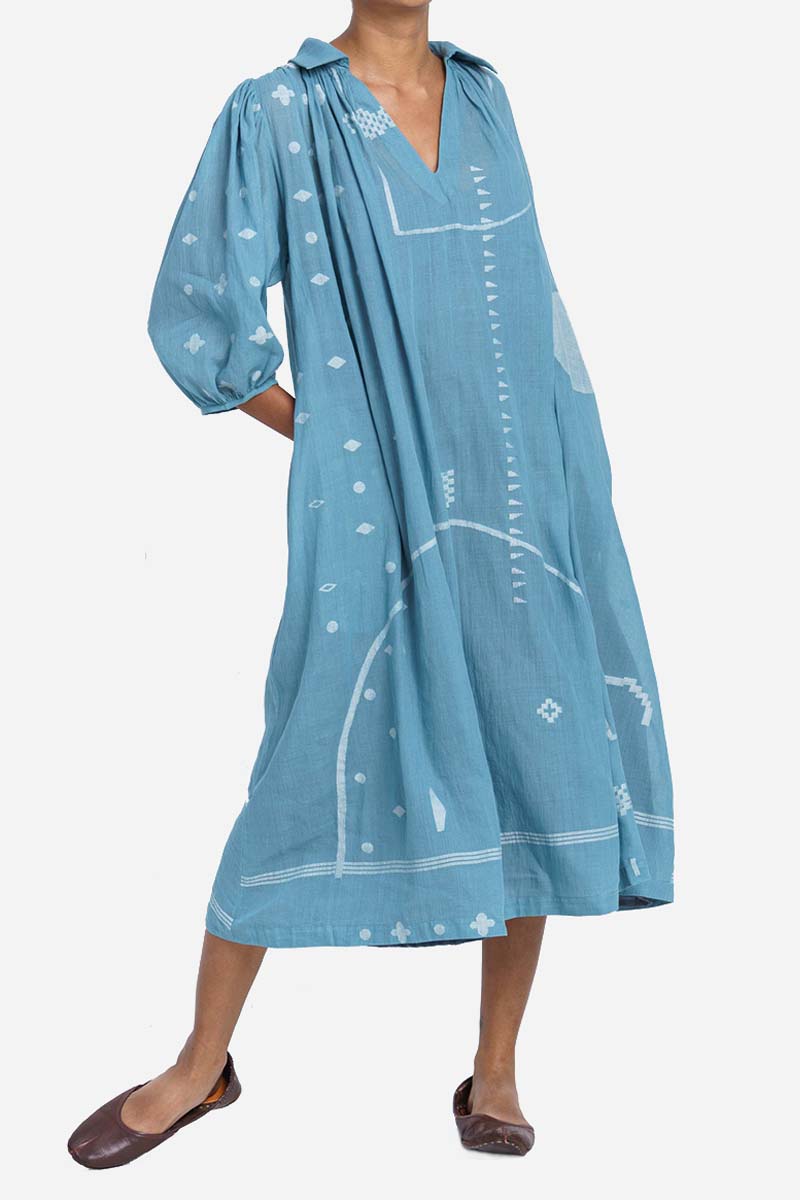 Linen Print Pleated V Neck Three Quarter Sleeve Casual Midi Dress