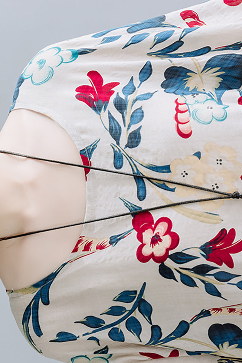 Flower Print Round Neck Long Sleeve Linen Maxi Dresses