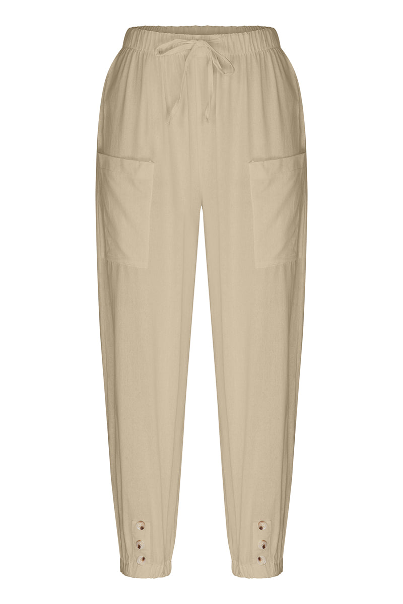 Casual Drawstring Pocket Button Wide Leg Linen Trousers